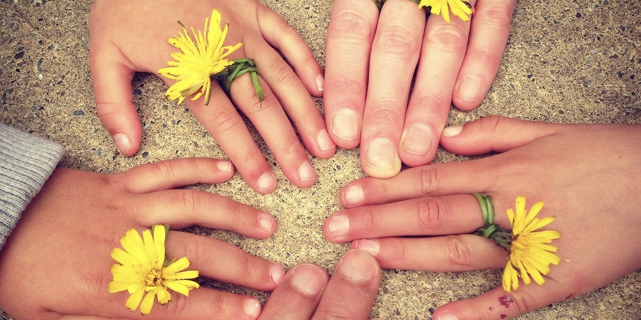 Vier Hände, die jeweils eine Löwenzahnblüte um einen Finger gewickelt tragen